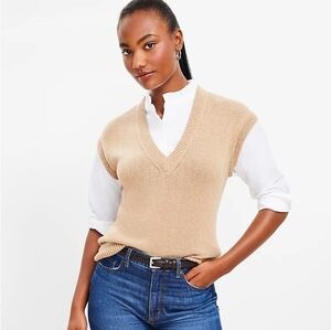 Loft Ruffle Collared Tunic Sweater Vest sz XL tan white WT233